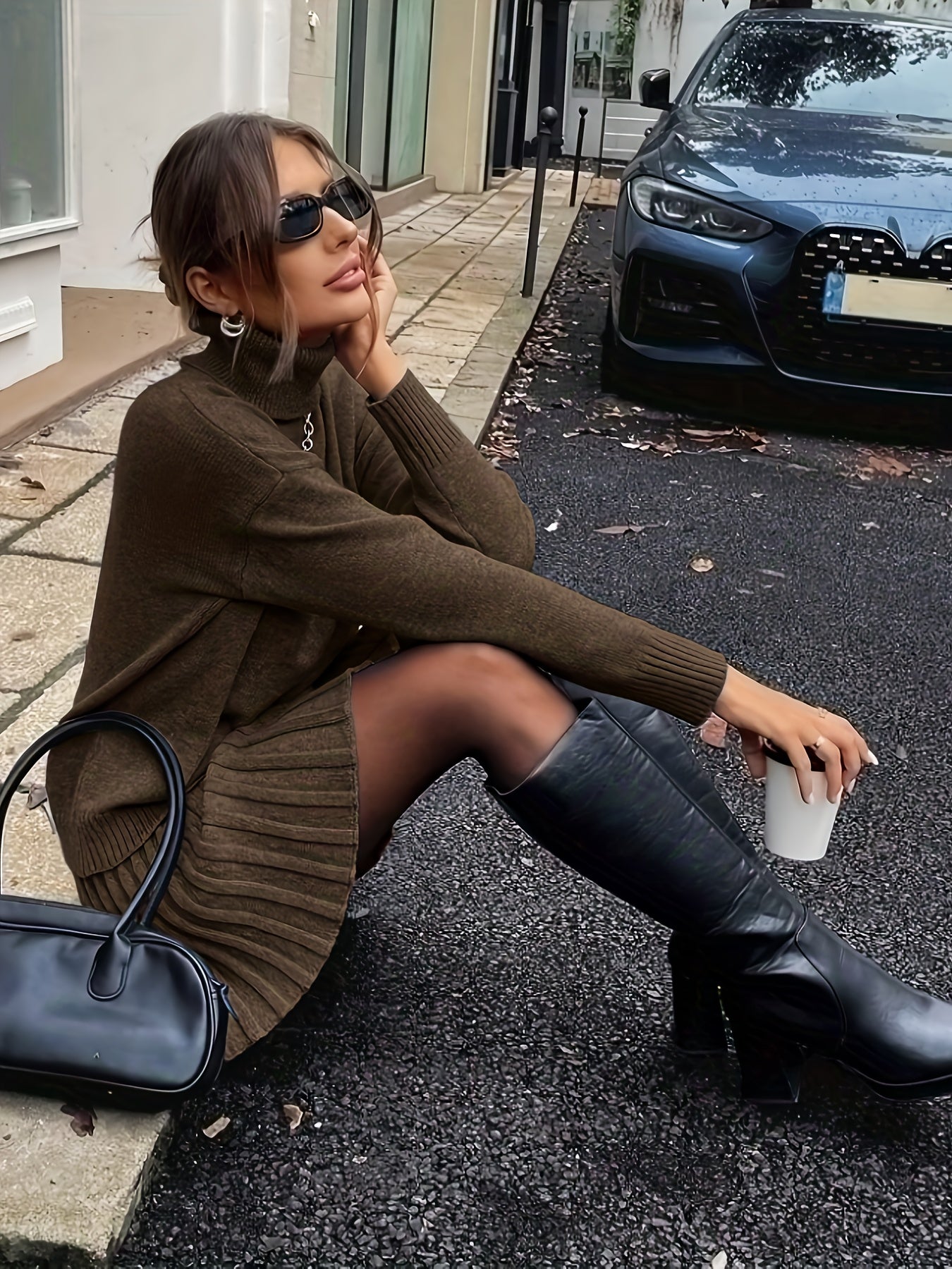 Wiesława™ | Dzianinowy Komplet z Golfem i Spódnicą Midi